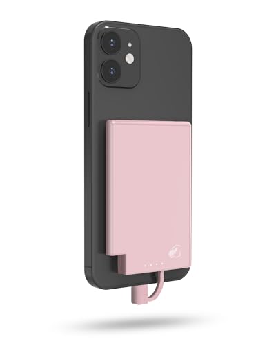 5000mAh Ultra-Slim Portable Charger, Magnetic Attached Power Bank, Built-in USB-C Cable, Compatible with iPhone 15, Android & USB C Devices, TSA Travel Flight-Approved, Lightweight (Rose)