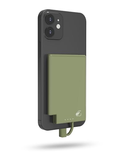 5000mAh Ultra-Slim Portable Charger, Magnetic Attached Power Bank, Built-in USB-C Cable, Compatible with iPhone 15, Android & USB C Devices, TSA Travel Flight-Approved, Lightweight (Olive)