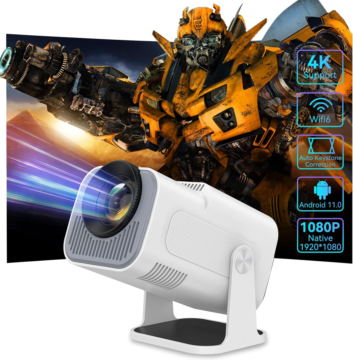 Smart Mini Projector with Android 11.0,2024 Upgraded Portable Projector 1080P 4K Full HD with WiFi 6 and BT5.2,180Adjustable Stand, Auto Keystone Home Projector for Phone/TV Stick/Laptop