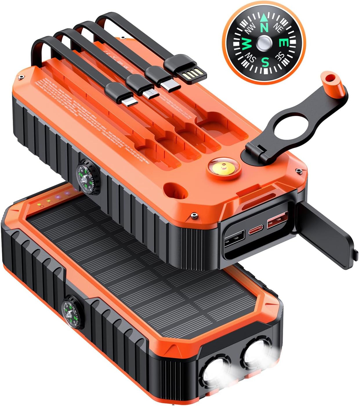 QiSa Solar Charger Power Bank 40000mAh Built in 4 Cables and Hand Crank, Portable Charger 22.5W Fast Charger 6 Outputs & 4 Inputs External Battery Pack with Bright Flashlight and Compass