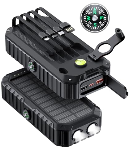 Solar Charger Power Bank 40000mAh Built in 4 Cables and Hand Crank, Portable Charger 22.5W Fast Charger 6 Outputs & 4 Inputs External Battery Pack with Bright Flashlight and Compass