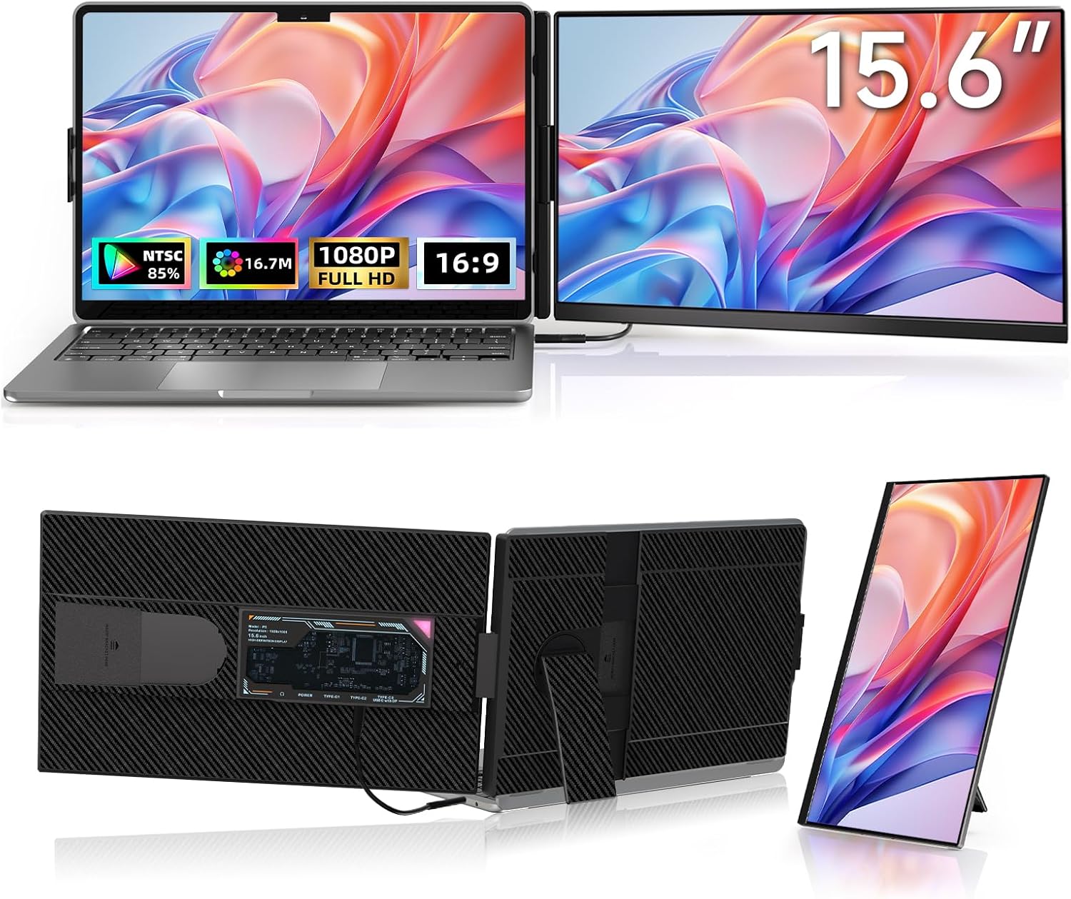 Laptop Screen Extender Dual Monitor - 15.6" Portable Monitor 85% NTSC IPS 1080P FHD Detachable Screen Extended Extra USB-C/HDMI Port Compatible with Wins Mac Dex Chrome Fits 13"-17" Laptops