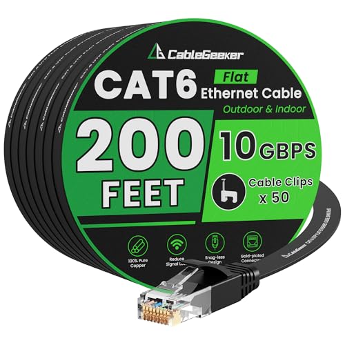Cat 6 Ethernet Cable 200 ft, High Speed 10Gbps Flat Internet Network Cable, Pure Copper Ethernet Patch Cable Long, Computer LAN Cable with Clips & Straps for Router, Modem, PS4/5, Black