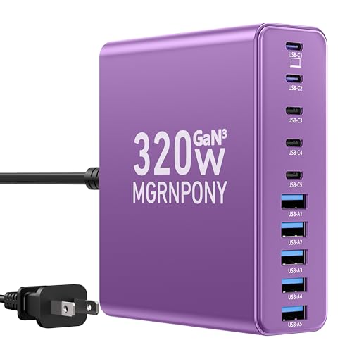 320W USB C Charger Block, 10-Port USB C Charging Station GaN III PD 65W Laptop Fast Charger Adapter for MacBook Pro/Air, DELL, iPad, iPhone, Samsung Galaxy (Purple)