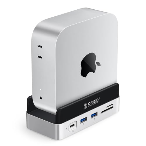 ORICO MiniDock and Stand Compatibility with Mac Mini M4, 9-in-1 Aluminum Hub with 4TB NVMe M.2 SSD, 10Gbps USB-C & USB-A, 4K HDMI, Gigabit Ethernet, SD/TF Card Readers