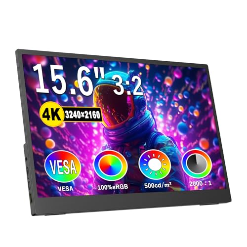 4K Portable Monitor, 15.6 Inch Screen Extender 32402160 UHD, 500 Nits 100% sRGB with 45 Adjustable Stand, HDMI & USB-C Computer Display for Travel Monitor Laptop & PC Mac Phone PS4 PS5 Switch
