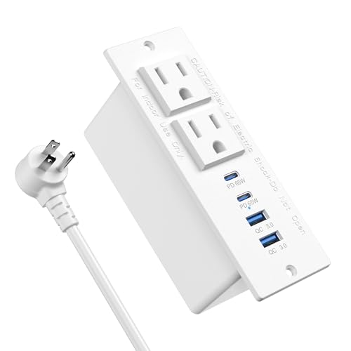 Recessed Power Strip Fast Charging Station 2 PD 65W USB C, Flush Mount Countertop Drawer Outlet, Furniture Hidden Charging Station for Side Table, End Table,2 AC Outlets (White, 6 FT Cable)