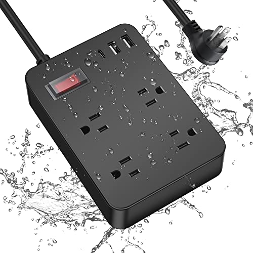 Outdoor Power Strip Weatherproof,Fast Charging Station 20W USB C,Waterproof Surge Protector 4 Outlets, Multi Outlet Extension for Camping, Garden, Kitchen,Bathroom,Flat Plug (Black, 10 FT Cable)