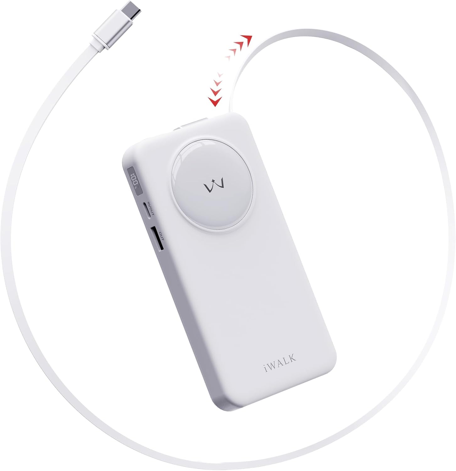 iWALK 10000mAh Slim Portable Charger, 30W PD Fast Charging Power Bank with Built-in Retractable USB-C Cable for iPhone 16/15 Series, Samsung Galaxy 25/24,Google Pixel,MacBook Air,White