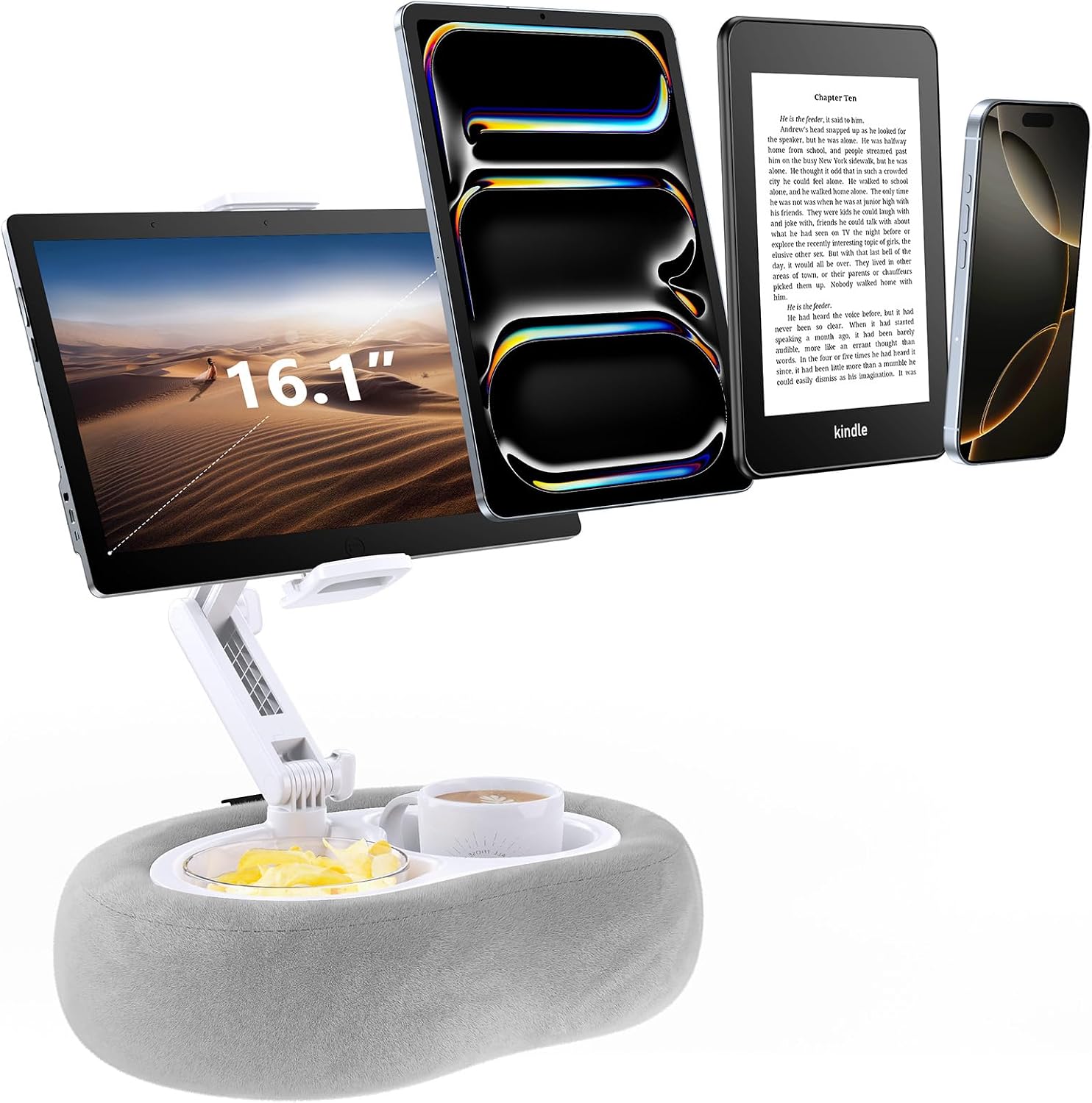 Tablet & E-Reader Stand with Soft Plush Pillow and 2 Detachable Trays, Adjustable Tablet Holder for Bed or Lap Compatible with Kindle Kobo iPad iPhone Portable Monitors & 4.7-16.1" Devices (Gray)