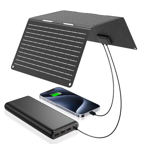 Ecosonique 30W Portable Solar Charger Foldable Solar Panels with USB C USB A Fast Charging Waterproof for Camping Backpacking Compatible with Cell Phone, iPhone, iPad, Samsung Galaxy, LG, Power Banks