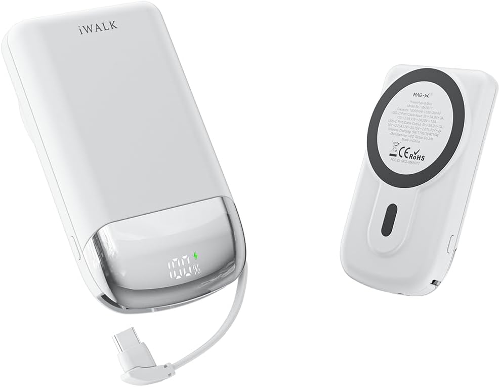 iWALK 10,000mAh Magnetic Portable Charger, Wireless Power Bank,40W Max Fast Charging Battery Pack with Built-in USB-C Cable Compatible with iPhone 17/16/15 Series,Samsung S25 Series,White