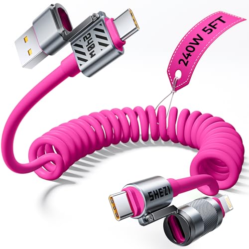 Coiled Pink Cable 4-in-1 USB C Cable 240W Compatible with Lightning Cable Fast Charging & Data Transfer, Support to CarPlay & Android Auto, 5FT Multi Cord Combo Charger for iPhone/iPad