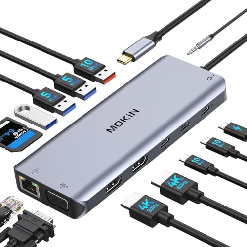 USB C Laptop Docking Station Dual Monitor, 14 in 1 Docking Station 3 Monitors Multiport Adapter with 2 HDMI 4K, VGA, RJ45 Ethernet, 10 Gbps USB C/A, 100W PD, SD/TF, 3.5MM Audio&Mic for Dell HP Lenovo