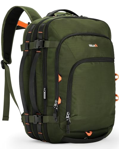 Tolaccea Travel Backpack, TSA Friendly Flight Approved Carry-on Luggage Water-resistant Business Rucksack, Durable Large Computer Bag Daypack Fits 15.6 Inch Laptop, 35-45L Expandable - Green