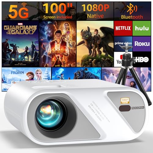 5G WiFi Bluetooth Projector, Outdoor Movie Projector [Projector Screen and Tripod Included], Full HD 1080P Video Projector for Home Theater, Compatible with Phone, HDMI, USB, Laptop, TV Stick, U Disk