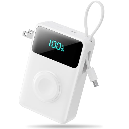 4-in-1 Portable Charger With Built-in Wall Plug&USB-C Cables,10800mAh Power Bank with iWatch Charger,QC4.0+PD 25W Fast Charging Battery Pack,Travel Essentials for iPhone 16/15,Apple Watch,Android etc