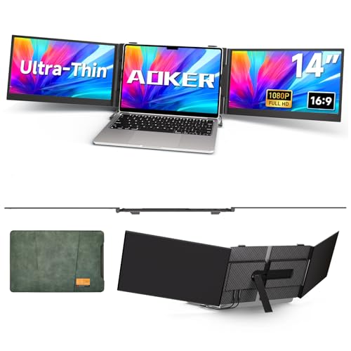 Triple Laptop Screen Extender - Ultra Thin 14" Monitor IPS FHD 1080P Portable Display for 13"-17" Laptops Compatible with Compatible with Windows Mac Chrome Surface Travel Work Setup