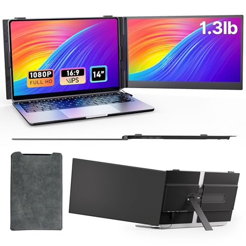 Laptop Screen Extender - Ultra-Thin 1.3lbs 14" FHD IPS Dual Portable Monitor Extension for Laptop, Attachment Plug & Play for 13-17" Laptops, Second Extra Travel Display for Windows/Mac/Android