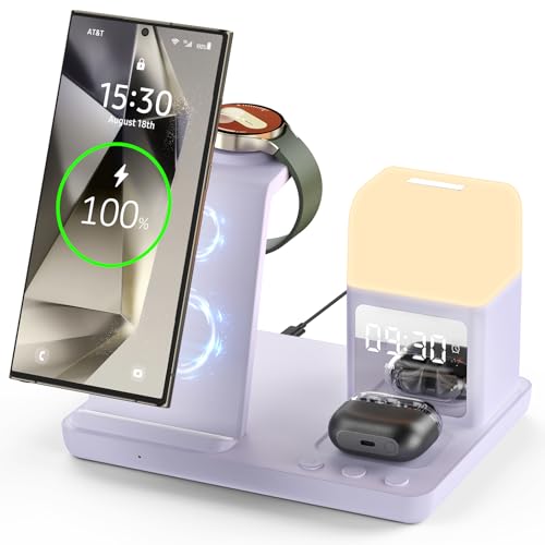 Wireless Charger for Samsung/Android, 6 in 1 Phone Nightstand Charging Station Charger with Alarm Clock/Night Light for Samsung S25/S24/S23 Ultra/Buds3 Pro,Watch Charger for Galaxy Watch 8/7/6-Purple