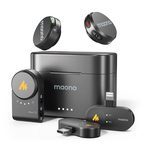 MAONO Wireless Lavalier Microphone for iPhone/Android/Camera/PC, Mini Lapel Mic with 48khz 24bit, Voice Filter, Noise Cancellation, 30h Battery, USB-C/Lightning Plug for Video Recording - Wave T5
