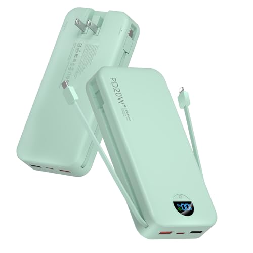 Portable Charger Power Bank, 20000mAh 22.5W USB C Fast Charging with Built-in Cables & Wall Plug, External Battery Pack with LED Display, Travel Essential for iPhone, iPad, Samsung Green