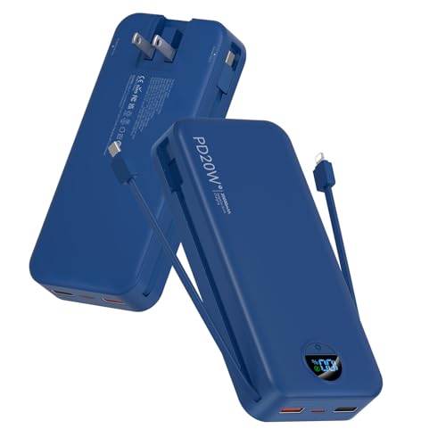 Portable Charger Power Bank, 20000mAh 22.5W USB C Fast Charging with Built-in Cables & Wall Plug, External Battery Pack with LED Display, Travel Essential for iPhone, iPad, Samsung Navy
