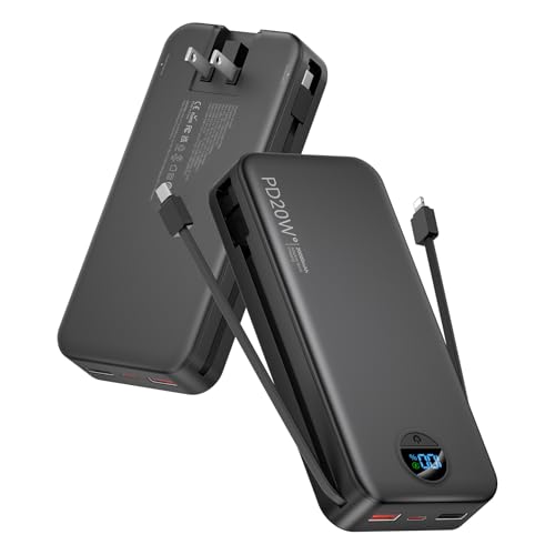 Portable Charger Power Bank, 20000mAh 22.5W USB C Fast Charging with Built-in Cables & Wall Plug, External Battery Bank with LED Display, Travel Essential for iPhone, iPad, Samsung Black