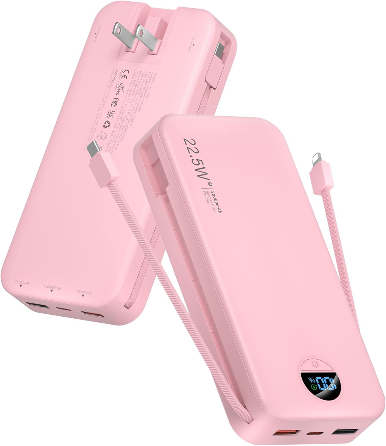 Portable Charger Power Bank, 20000mAh 22.5W USB C Fast Charging with Built-in Cables & Wall Plug, Battery Pack with LED Display, Travel Essential for iPhone, iPad, Samsung Pink