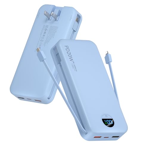 Portable Charger Power Bank, 20000mAh 22.5W USB C Fast Charging with Built-in Cables & Wall Plug, External Battery Pack with LED Display, Travel Essentials for iPhone, iPad, Samsung Blue