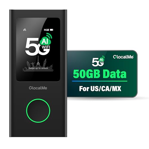GlocalMe Numen Air 5G Hotspot with 50GB US/CA/MX Data 90Days, Portable WiFi Hotspot for Travel, Ultra High Speed Mobile Hotspot Device with Touch Screen, No SIM Card Required, 16 Connected Devices