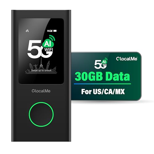 GlocalMe Numen Air 5G Hotspot with 30GB US/CA/MX Data 60Days, Portable WiFi Hotspot for Travel, Ultra High Speed Mobile Hotspot Device with Touch Screen, No SIM Card Required, 16 Connected Devices