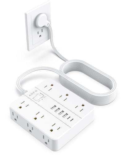 15FT Surge Protector Power Strip, 12 AC Outlets with 6 USB Ports (2 USB-C), Flat Plug Extension Cord, Wall Mount for Home Office, Dorm (White)