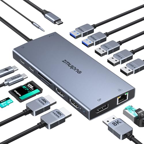 USB C Laptop Docking Station with 2 HDMI 4K@60Hz+DP 8K@30Hz for Dell HP Thinkpad Surface, 15 in 1 USB C Hub Triple Display Multiple Adapter, Dongle with USB A Port+Button+PD+Ethernet+SD/TF+Audio