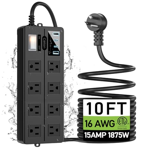 VNJ Outdoor Power Strip with 8AC Outlets + 4USB Ports, IPX6 Waterproof Surge Protector, Safety Lock Design and ETL-Certified Cables, 10FT Extension Cord for Home, Garden, and Commercial Use