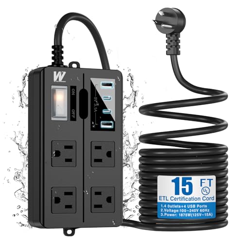 VNJ Outdoor Power Strip with 4AC Outlets + 4USB Ports, IPX6 Waterproof Surge Protector, Safety Lock Design and ETL-Certified Cables, 15FT Extension Cord for Home, Garden, and Commercial Use
