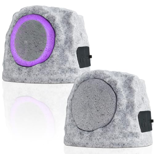 2-Pack Solar Powered Rock Speakers Outdoor Water-Resistant with 3 Mode Lights and Pair Function USB Rechargeable for Patio Garden Party Pool Outside(Two A)