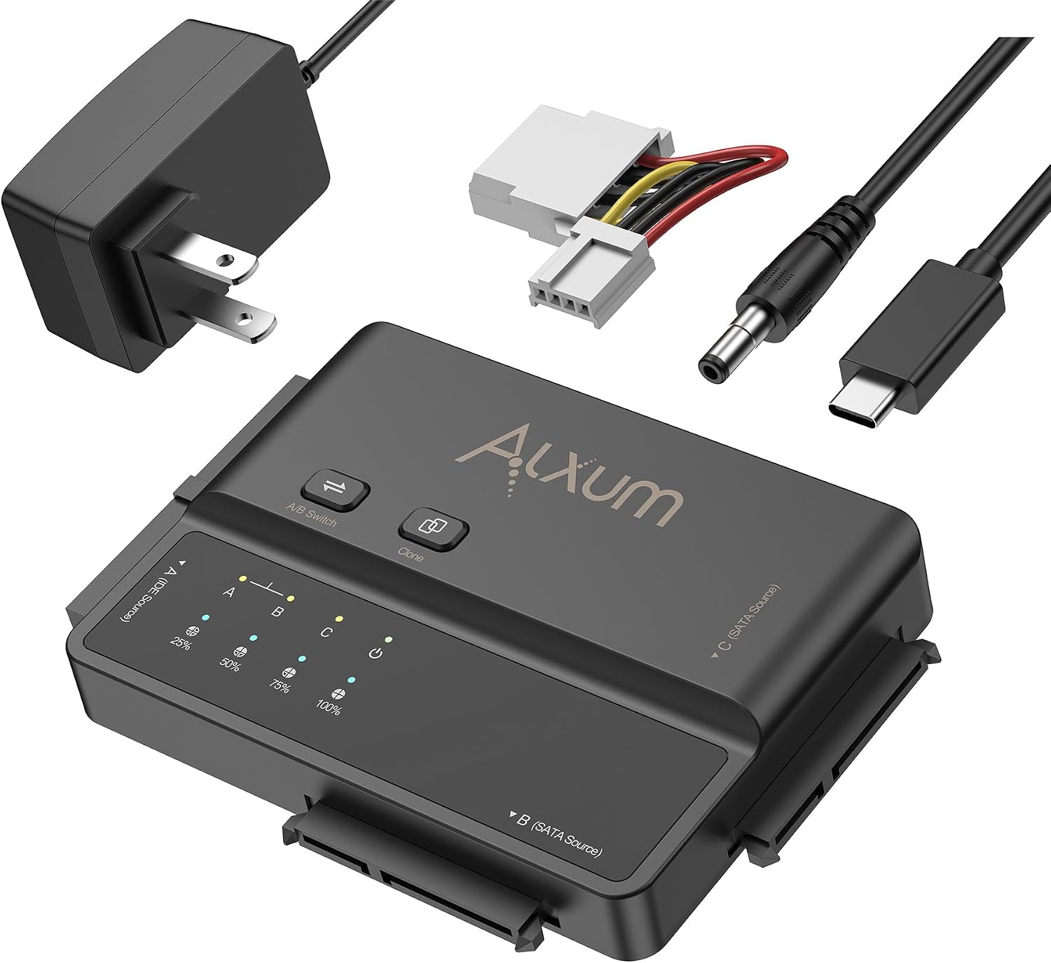 Alxum 3-in-1 USB C to SATA & IDE Adapter with Hard Drive Cloning - 5Gbps High Speed Data Transfer, Supports Simultaneous Reading of Two Drives(SATA III & IDE 133 HDD/SSD) Included 12V2A Power Adapter