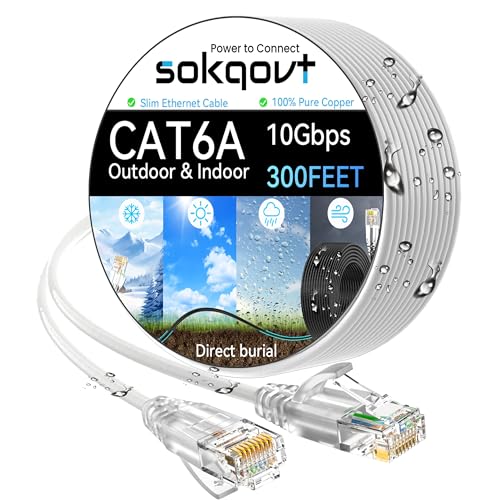 Cat6a Ethernet Cable Slim 300ft Outdoor&Indoor, 28AWG Pure Copper Cat6 Internet Cable for Waterproof & Direct Burial, Flexible Cat6 Ethernet Cable 10G 550MHZ, Cat 6 Network cable for Indoor White