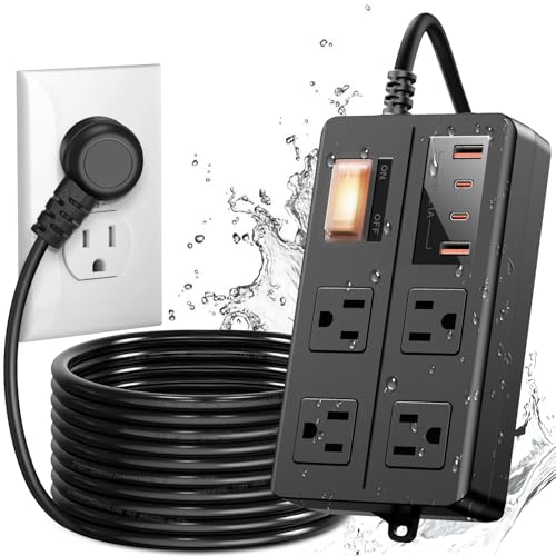 IPX6 Outdoor Power Strip Weatherproof, Waterproof Surge Protector with 4 Wide Outlet with 2A2C USB Ports, 15FT Long Extension Cord, Wall Mountable for Outside Decorations and More UL Listed(Black)