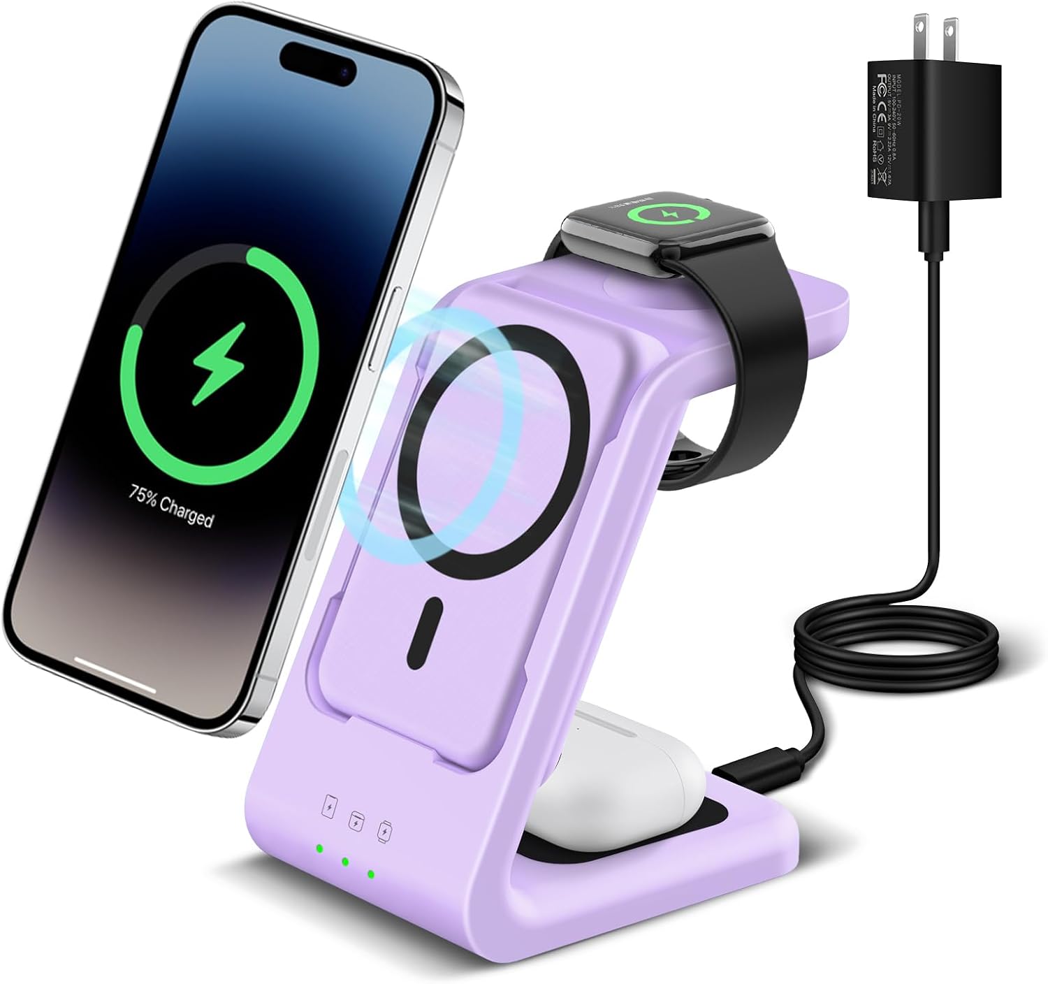 3 in 1 Wireless Charging Station, Fast Charger Stand Compatible for iPhone/Apple Watch/Airpods, 5000mAh Mag-Safe Portable Battery Pack USB C Power Bank for 14 13 12 Series (Purple)