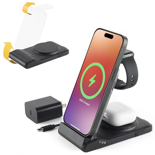 3 in 1 Charging Station for Multiple Devices,Travel Wireless Charging Station, Foldable Charger for iPhone 16/15/14/13/12/SE/11/X/8 Series,& Android Phone,& AirPods,& iWatch (USB-C Adapter Included)