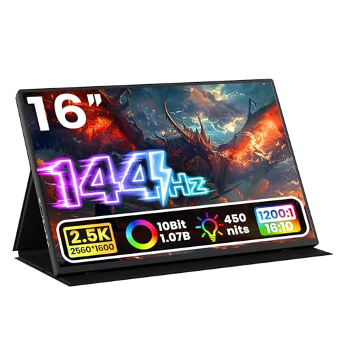 Portable Monitor 16" 2K QHD 2560X1600 550 Nits 106% sRGB 120Hz IPS HDR HDMI USB-C Travel Monitor for Laptop Mac PC Surface PS5 Xbox, External Display with Cover & Speakers, VESA Compatible