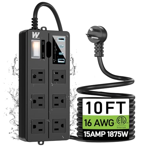 VNJ Outdoor Power Strip with 6AC Outlets + 4USB Ports, IPX6 Waterproof Surge Protector, Safety Lock Design and ETL-Certified Cables, 10FT Extension Cord for Home, Garden, and Commercial Use