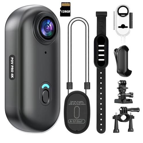 4K Mini Action Camera 128GB Thumb POV Portable Body Cam Wearable Video Recorder with IPX7 Waterproof Underwater Camcorder, Helmet Mount, Magnetic Sport DV for Bike Cycling, Pet, Vlogging(Black)