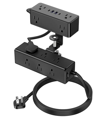 Dual Layer Desk Clamp Power Strip, Desktop Edge Mount Surge Protector with 4 USB Ports(2 USB-C) & 15 AC Outlets, Ultra Thin Flat Plug & 5FT Power Cord for Office Home(ETL Listed)