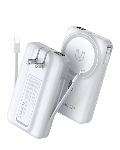 for Magsafe Magnetic Power Bank, 10000mAh Wireless Portable Charger with Built-in Cable & AC Wall Plug, Battery Pack PD 22.5W with Stand, LED Display for iPhone 17/16/15/14/13 Series, Samsung, Pixel