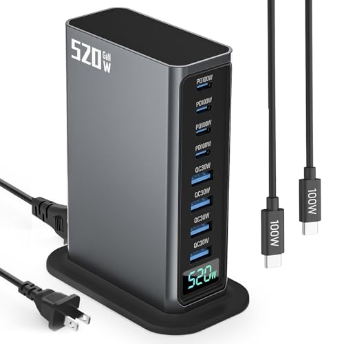 520W USB C Charger Block, 8 Ports GaN Fast Charging Station Hub, PD 100w Type C & USB A Laptop Desktop Charger Adapter for MacBook Air/Pro, DELL, iPhone, iPad, Samsung, Travel Home Office Use