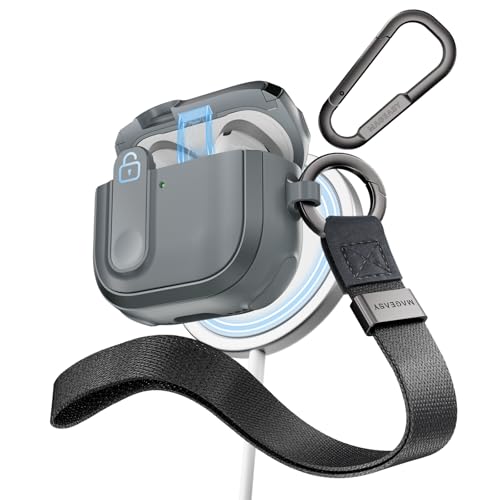 MAGEASY Design for AirPods 4 Case Cover - Rugged AirPods 4 Case with Lock | Work with Cable& Wireless Charging (Only ANC Charge Wirelessly) | Include Carabiner & Wrist Strap - Odyssey, Metal Blue Gray