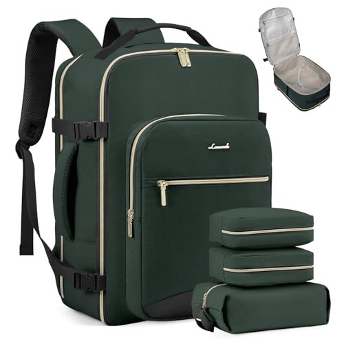 LOVEVOOK Travel Backpack for Women & Men 50L, Airline Approved Carry On Backpack, Waterproof Personal Item Travel Bag Suitcase, 3 Packing Cubes, Dark green-Black-1